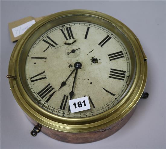A 19th century brass and copper ships bulkhead clock, 7 inch diameter painted dial
